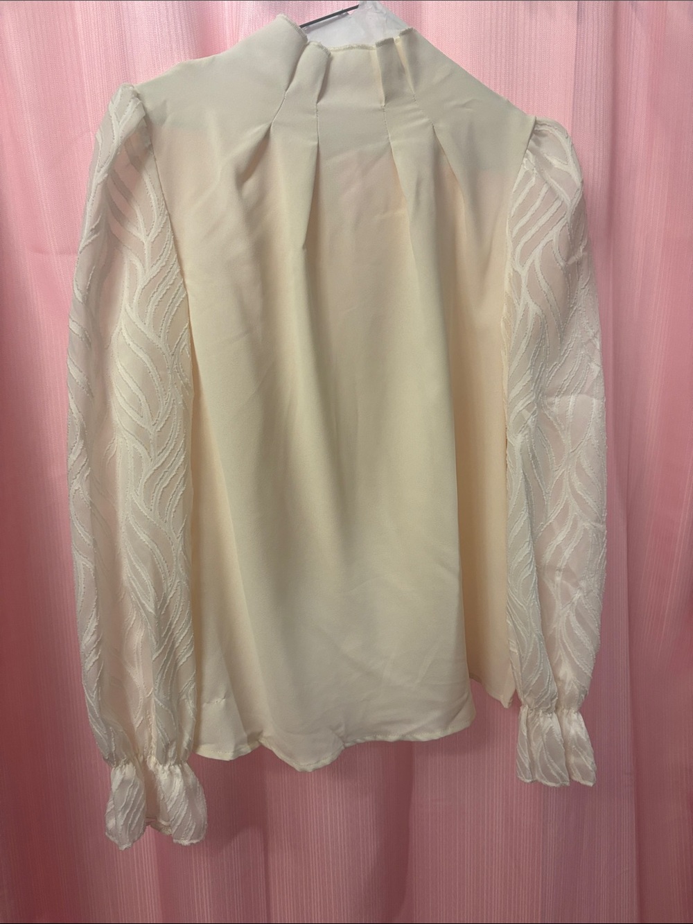 SHEIN Cream Pleated Neck Long-Sleeve Sheer Pattern Blouse